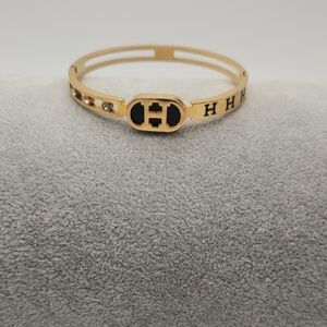 18K Gold Plated Stainless Steel Black Enamel H Bangle  Waterproof  Tarnish Proof